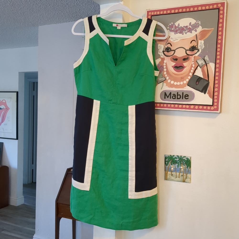 BODEN Linen Color Block Dress Blue Green White  Sleeveless US Sz 4